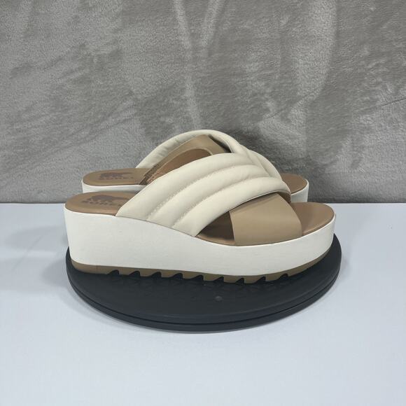 Sorel Cameron Leather Flatform Womens Size 9.5 Brown/Cream Platform Sandals - Picture 1 of 10